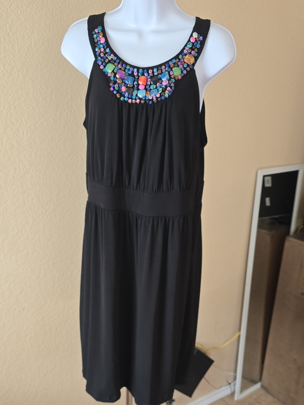 Cato Black Midi Dress with Multicolor Beaded Neckline